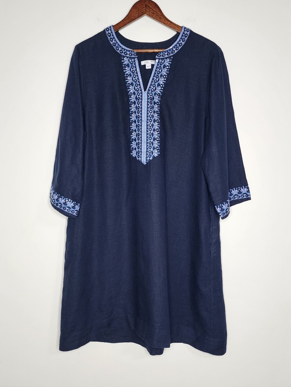 Chico's Navy Blue 100% Linen Embroidered Tunic Dress Sz12 Coastal Grandma Casual